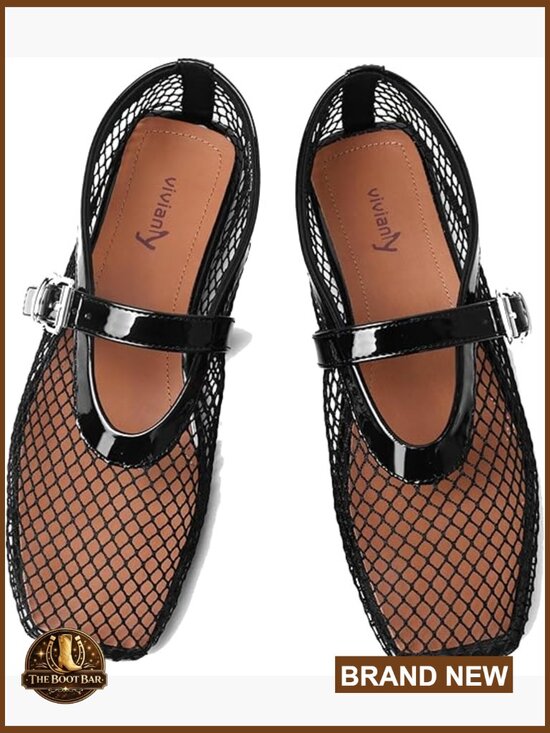 Shoes - Mesh Mary Jane Flats with Buckle Strap Square Toe Comfortable Dressy Shoes
